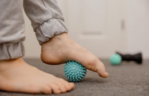 Stepping on a textured ball for two minutes daily is one foot recovery technique.
