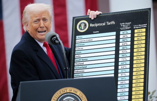 President Donald Trump holds up a chart while speaking during a “Make America Wealthy Again” trade announcement event in the Rose Garden at the White House on April 2.