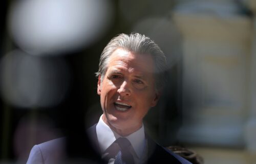 California Gov. Gavin Newsom speaks during a news conference with Texas lawmakers at the Governor’s Mansion in Sacramento