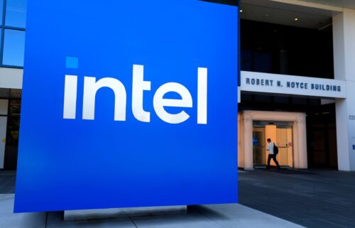 The Intel logo on a sign in front of Intel headquarters on July 16 in Santa Clara