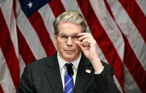 Treasury Secretary Scott Bessent is pictured in Stockholm on July 29. Bessent on August 19 threw cold water on the idea that Americans could soon receive tariff rebate checks.