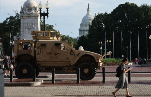 A member of the DC National Guard patrols along the National Mall on August 16