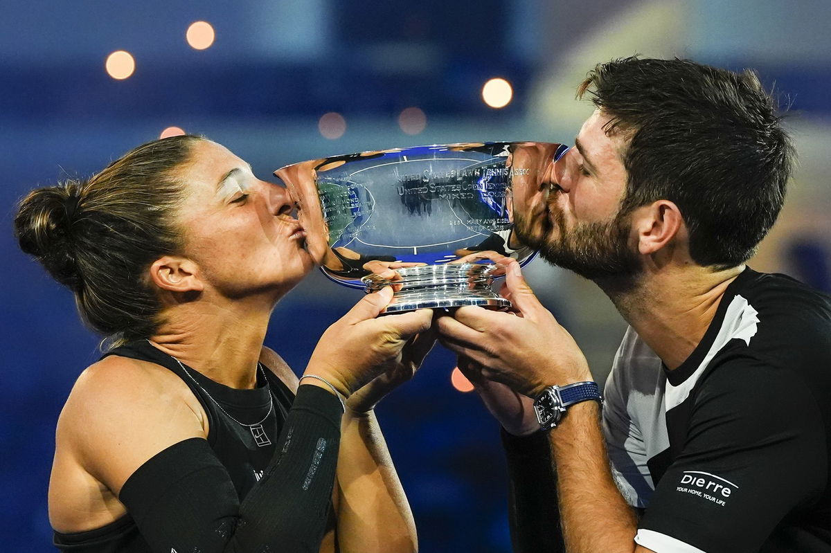 <i>Yuki Iwamura/AP via CNN Newsource</i><br/>Errani and Vavassori celebrate winning match point in their mixed doubles semifinal.