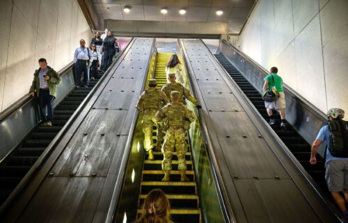 Members of the National Guard patrol a Metro station in Washington DC on August 20.