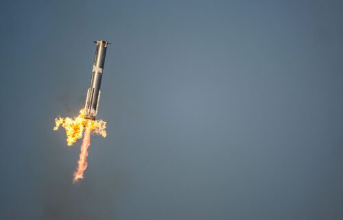 A plume of exhaust trails from a Starship rocket after a test launch from South Texas on May 27.