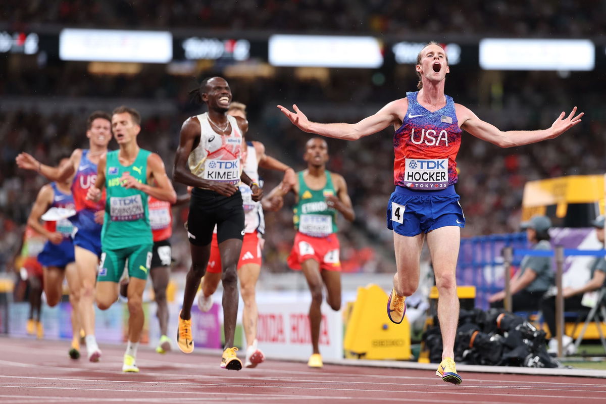 <i>Michael Steele/Getty Images via CNN Newsource</i><br/>Sydney McLaughlin-Levrone of Team United States celebrates as she crosses the finish line to win the gold medal during the Women's 4x400 Metres Relay Final on day nine of the World Athletics Championships Tokyo 2025 at National Stadium on September 21