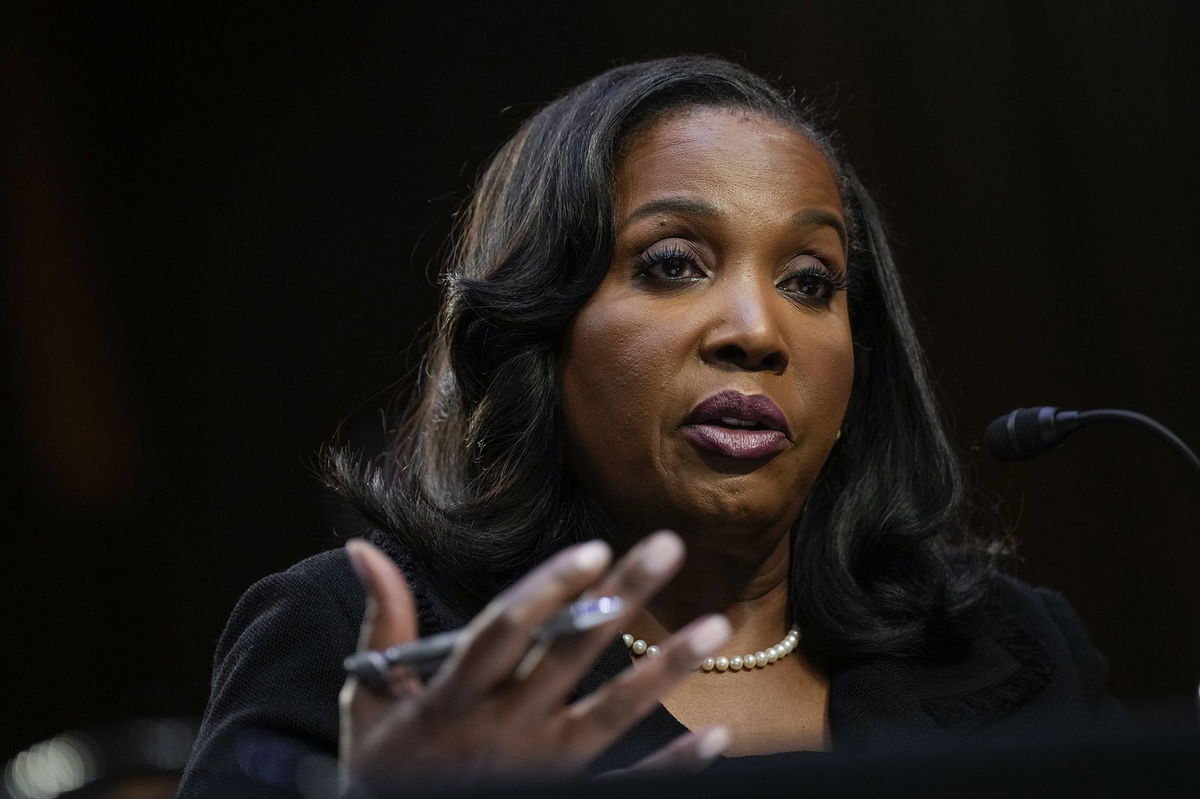 <i>Drew Angerer/Getty Images via CNN Newsource</i><br/>Lisa Cook testifies during a hearing in June 2023.