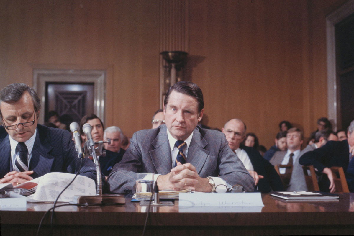 <i>Bettmann Archive/Getty Images via CNN Newsource</i><br/>FBI Director William Webster appears before the Senate Intelligence Committee in February 1980.