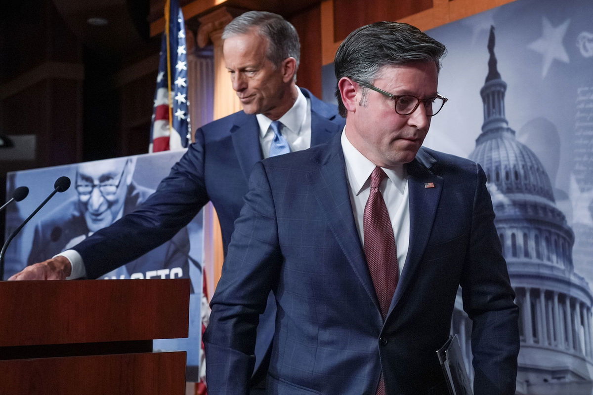 <i>J. Scott Applewhite/AP via CNN Newsource</i><br/>Senate Majority Leader John Thune and Speaker of the House Mike Johnson depart a news conference on October 10.