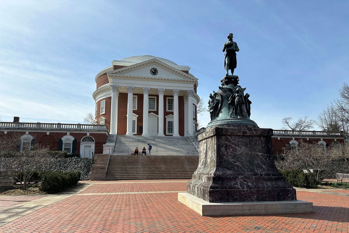 <i>Peter Morgan/AP/File via CNN Newsource</i><br/>A statue of Thomas Jefferson stands in front of the Rotunda at the University of Virginia in Charlottesville