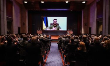 Ukrainian President Volodymyr Zelensky delivers a virtual address to the USCongress
