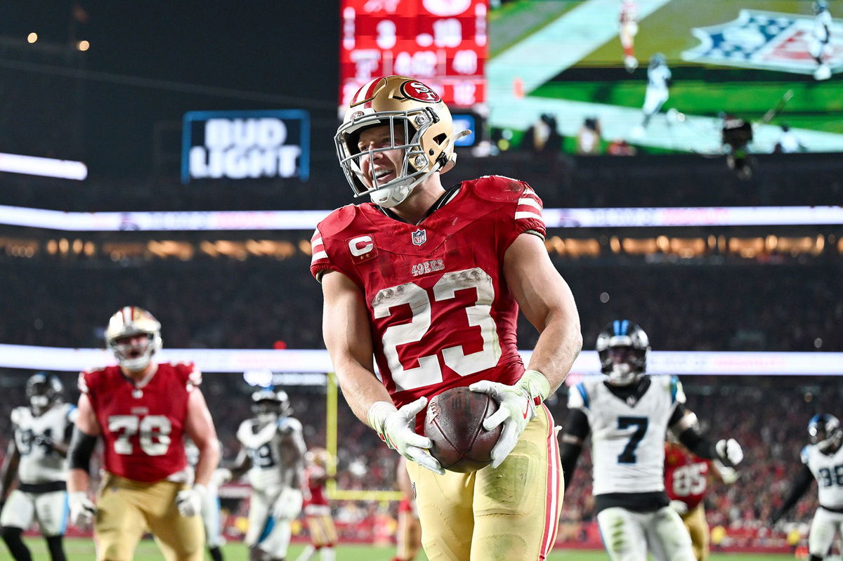 Niners running back Christian McCaffrey scores a touchdown in the third quarter against the Carolina Panthers at Levi's Stadium on Monday.